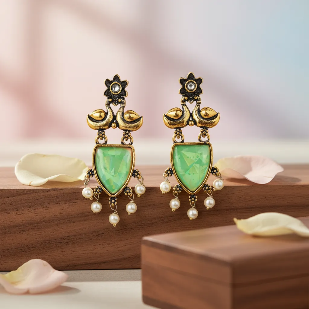 Green Boho Oxidised Pearl Drop Earrings for Women & Girls - Image 3