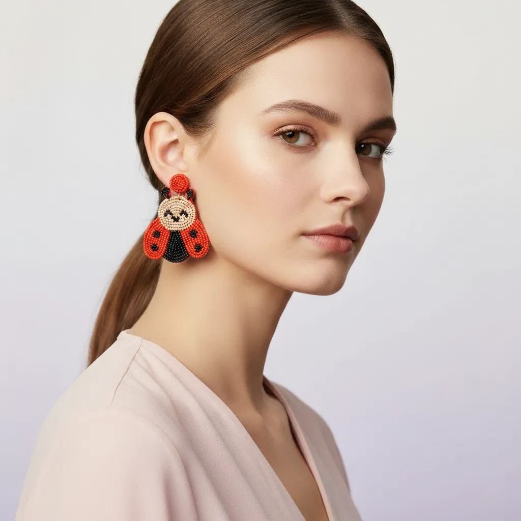 Handmade Beaded Ladybug Statement Earrings Cute Red & Black Bug Design