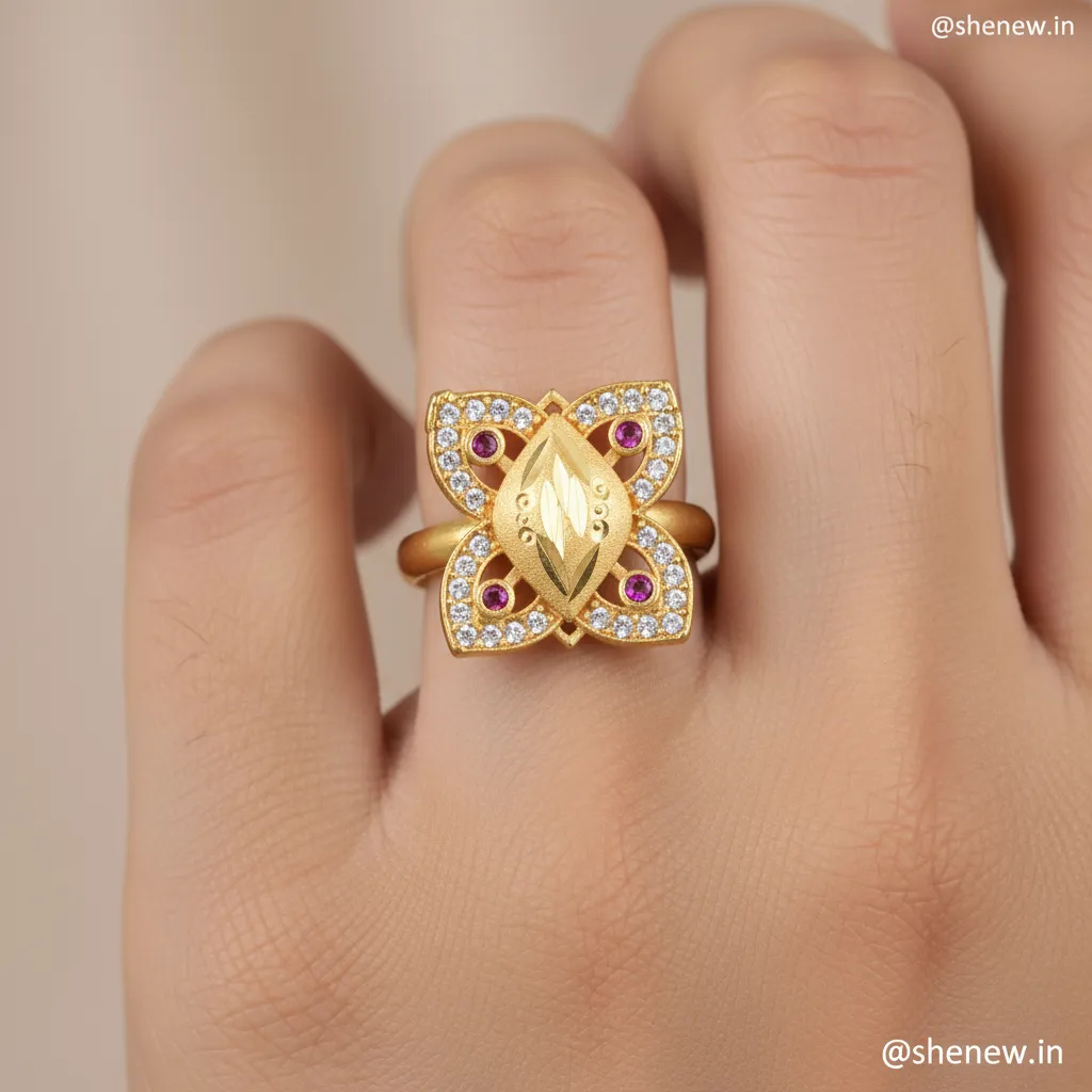 Floral Design Statement Ring with Stone Detailing – Adjustable - Image 3