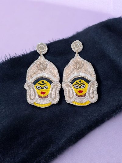 Handcrafted Beaded White Durga Maa Earrings