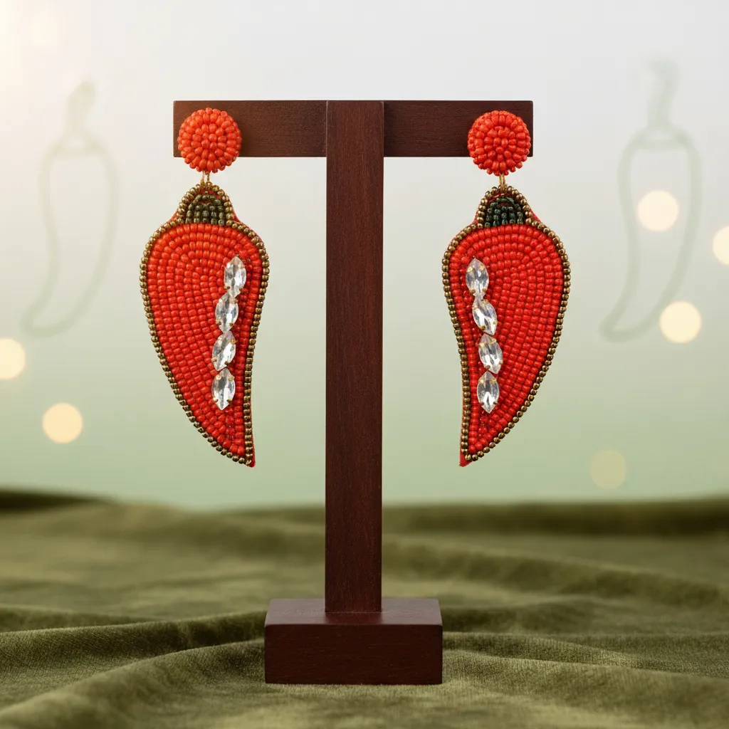 Handcrafted Red Chilli Beaded Statement Earrings