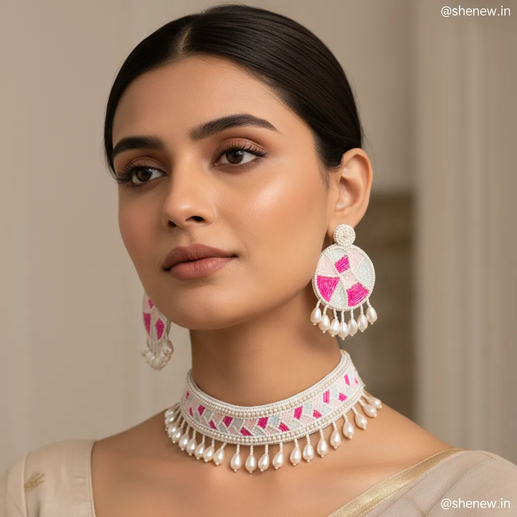 Pink & White Handcrafted Beaded Choker Necklace Set with Statement Earrings - Image 3
