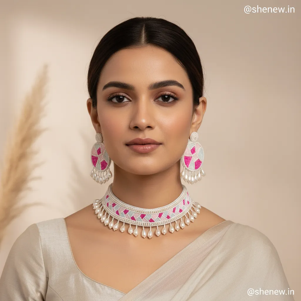 Pink & White Handcrafted Beaded Choker Necklace Set with Statement Earrings