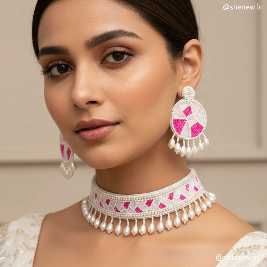 Pink & White Handcrafted Beaded Choker Necklace Set with Statement Earrings