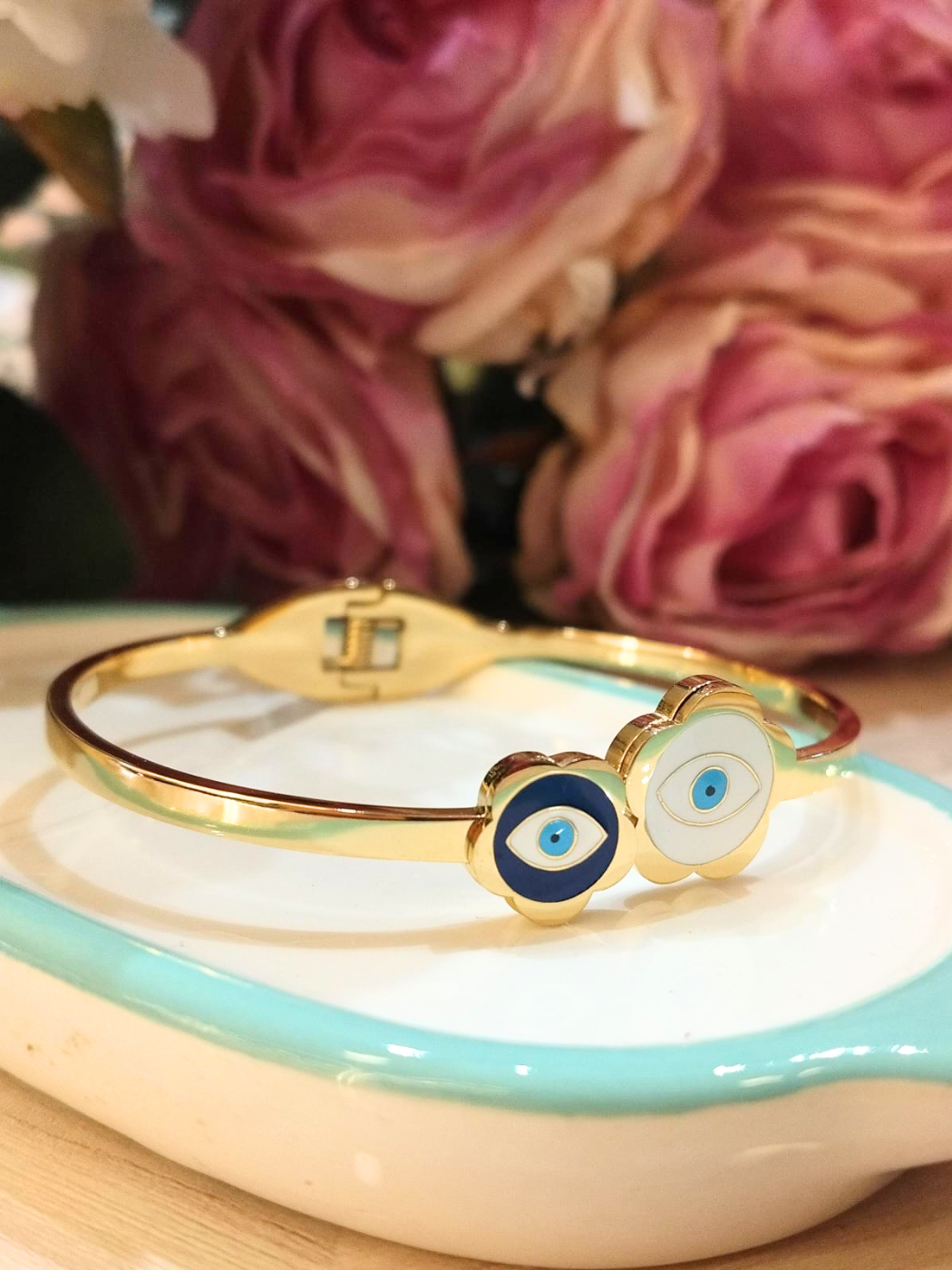 Gold-Plated Steel Bracelet with Double Evil Eye Enamel Charms