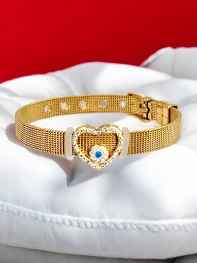 Heart-Shaped Evil Eye Mesh Bracelet