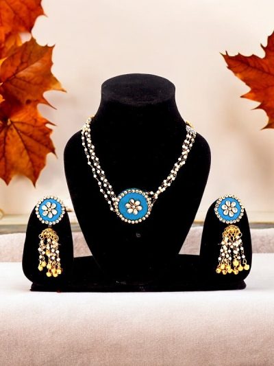 Elegant Fabric and Pearl Chain Neckpiece Set With Earrings