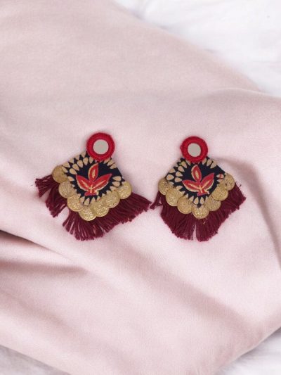 Square Shaped Fabric base Earring With Mirror Coin Design