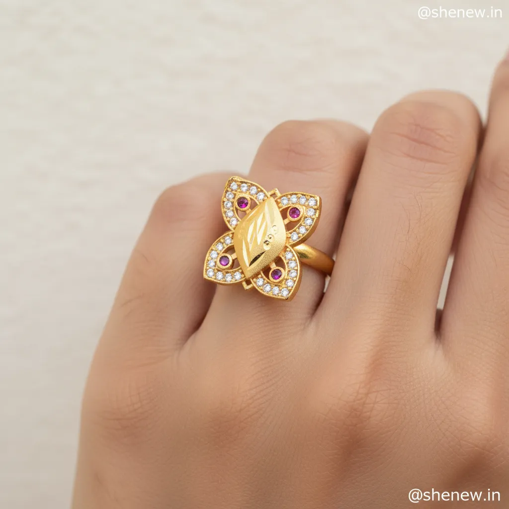 Floral Design Statement Ring with Stone Detailing – Adjustable