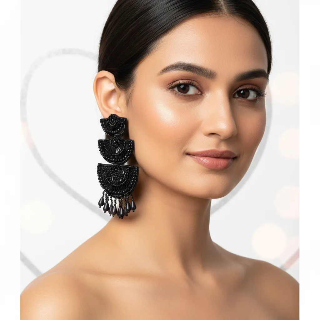 Black Triple-Layer Beaded Statement Earrings with Sequin Detailing